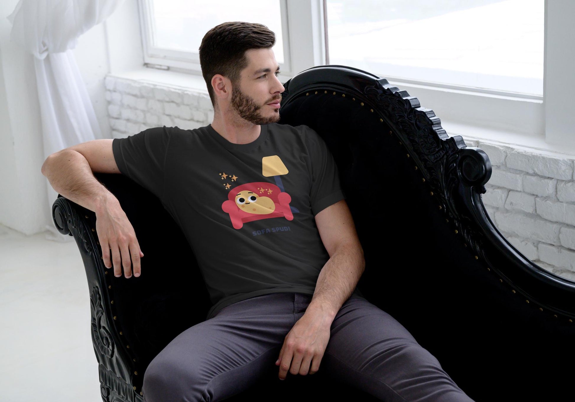 Men's Round Neck Sofa Spud T-shirt Black by ZealforTee