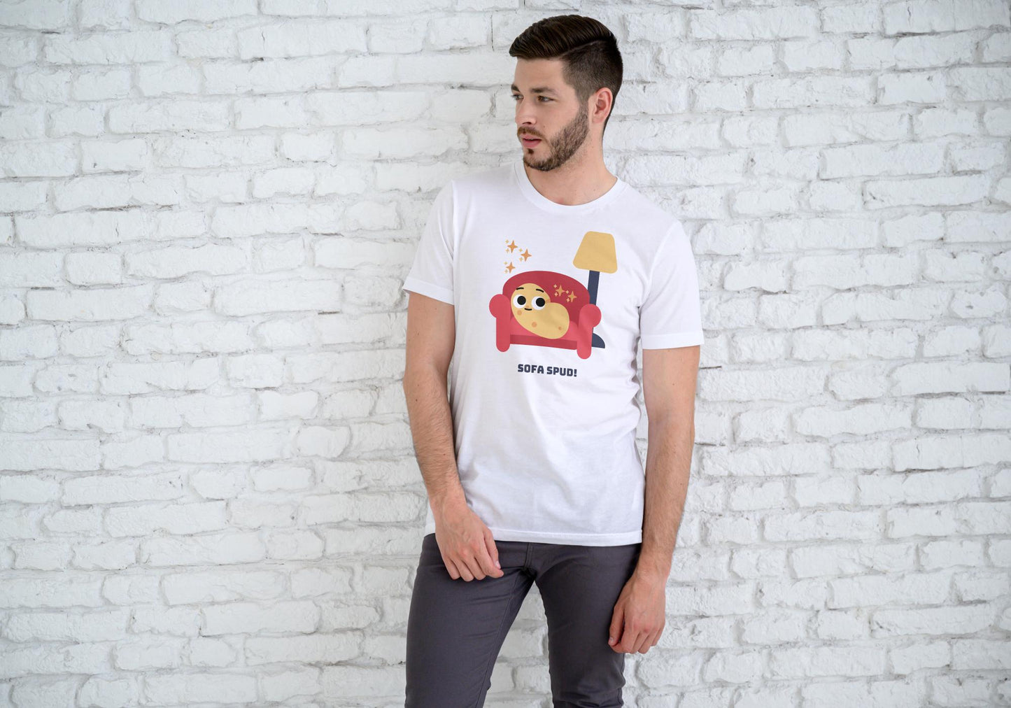 Men's Round Neck Sofa Spud T-shirt White by ZealforTee