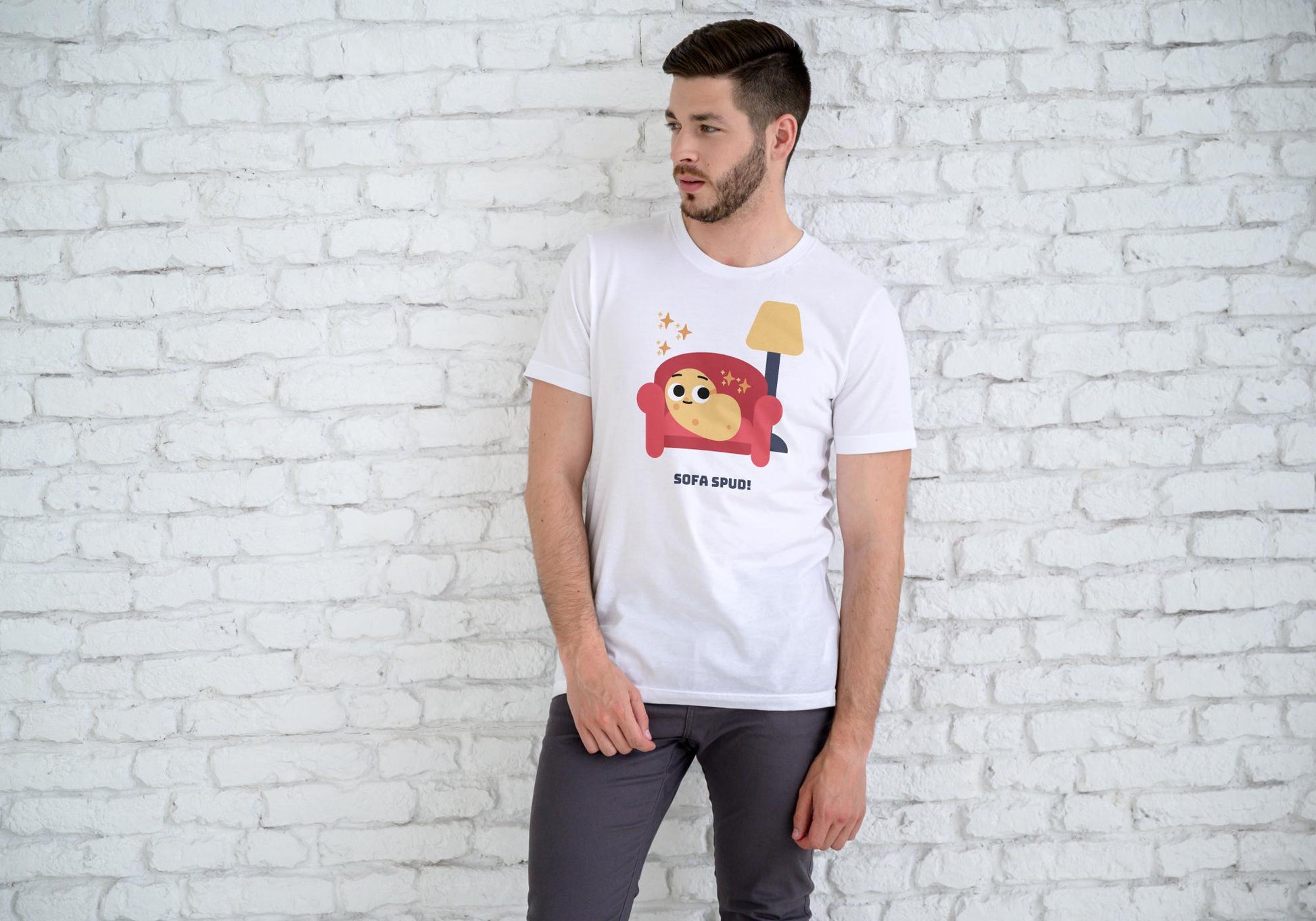 Men's Round Neck Sofa Spud T-shirt White by ZealforTee