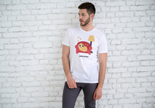 Men's Round Neck Sofa Spud T-shirt White by ZealforTee