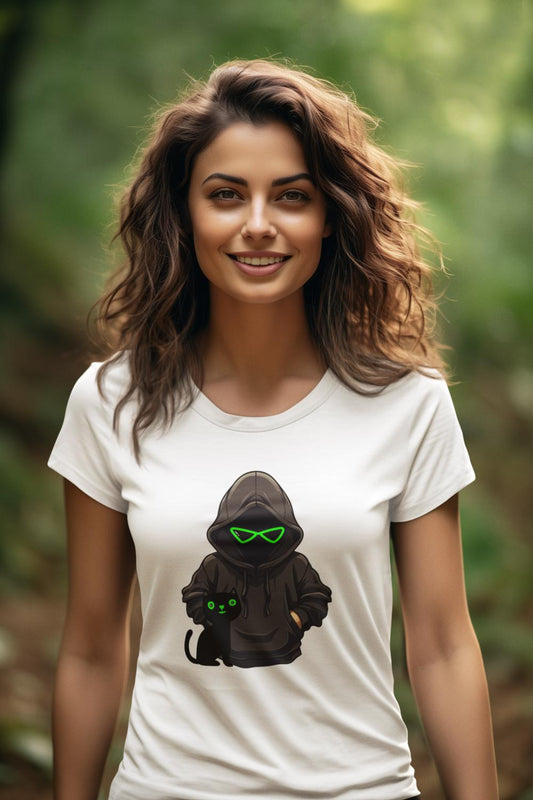 Women's Black Cat T-shirt Liril Green by ZealforTee