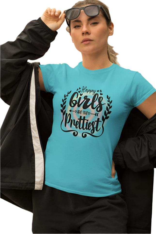 Women's Happy Girls Are Prettiest T-shirt Sky Blue by ZealforTee