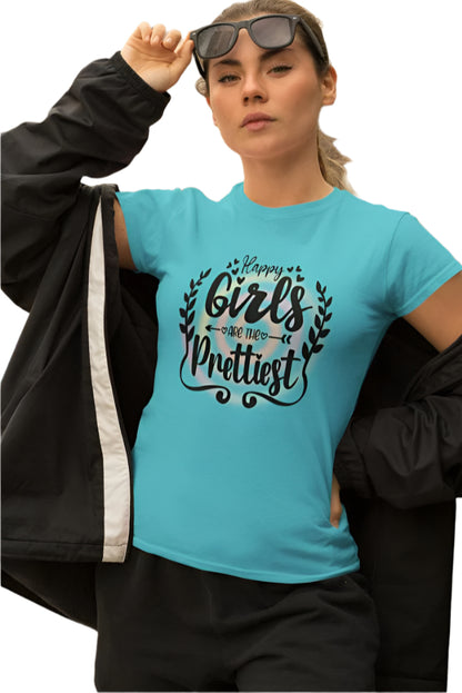 Women's Happy Girls Are Prettiest T-shirt Sky Blue by ZealforTee