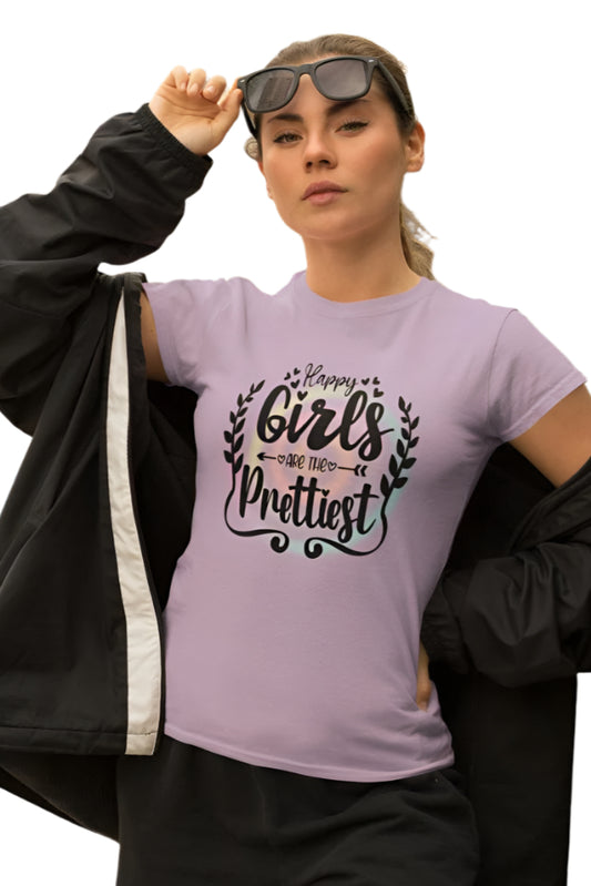 Women's Happy Girls Are Prettiest T-shirt Iris Lavender by ZealforTee