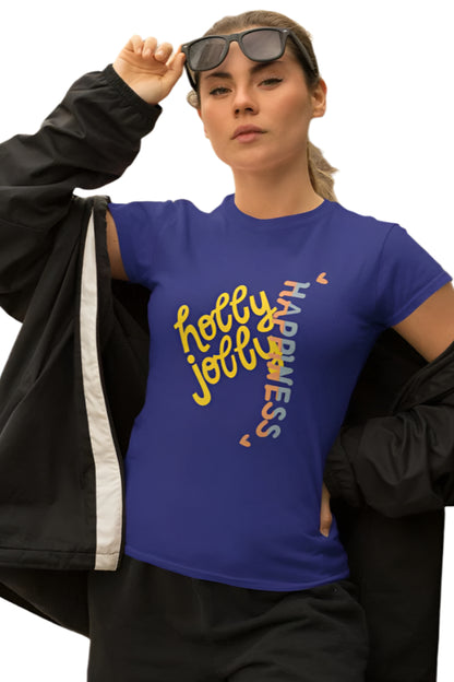 Women's Holly Jolly Happiness T-shirt Royal Blue by ZealforTee