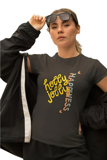 Women's Holly Jolly Happiness T-shirt Black by ZealforTee