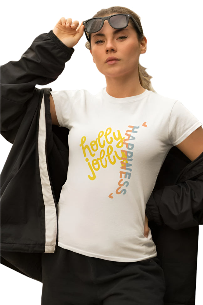 Women's Holly Jolly Happiness T-shirt White by ZealforTee