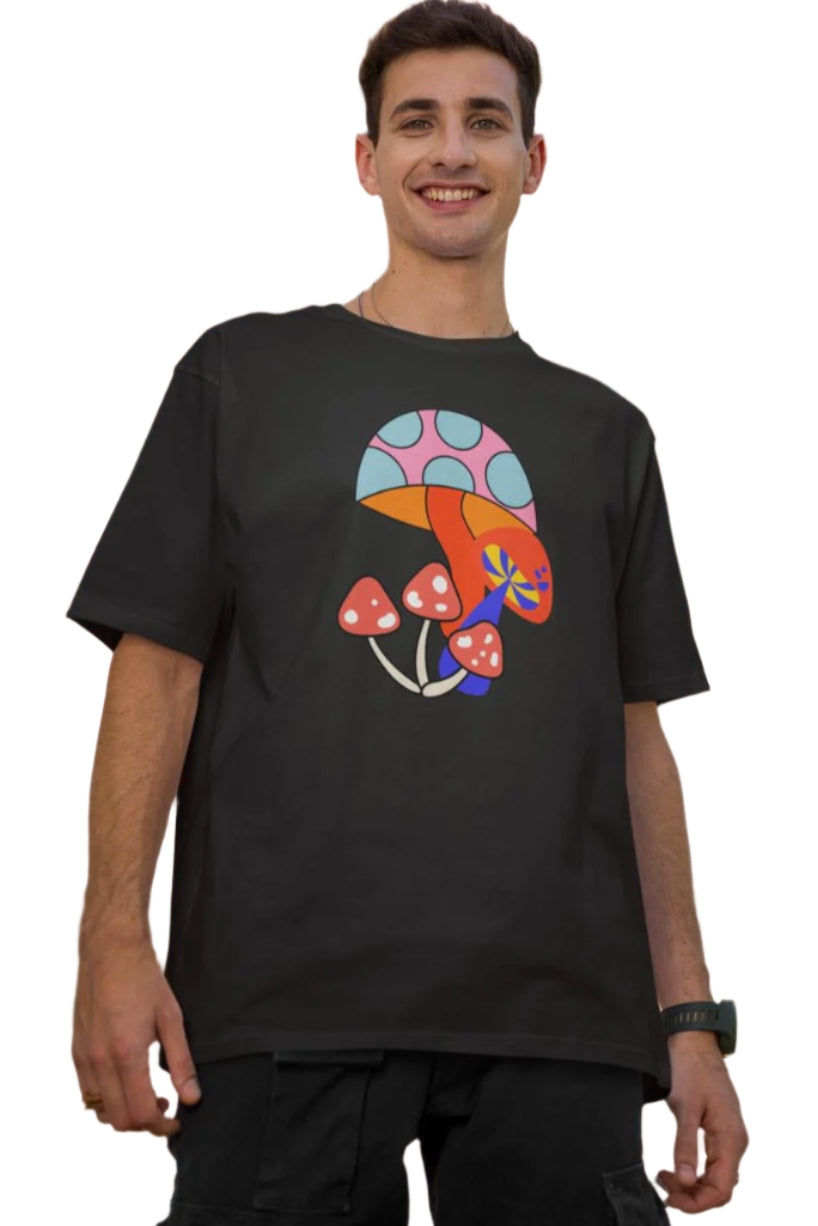 Men's Vibrant Mushroom Oversized T shirt Black by ZealforTee