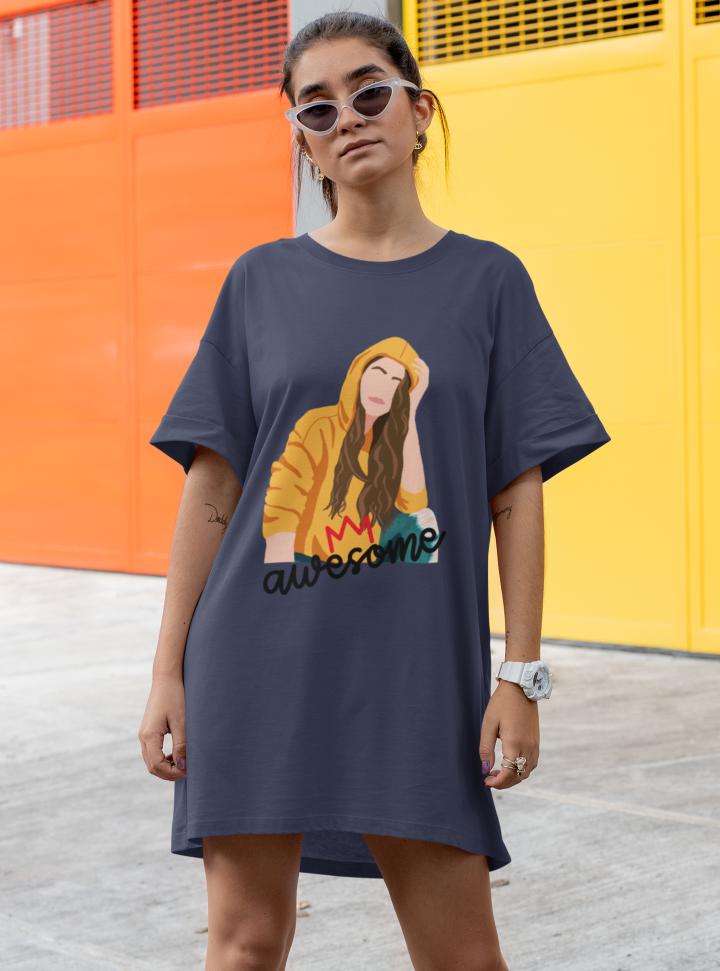 Women's Awesome Tshirt Dress Navy Blue by ZealforTee