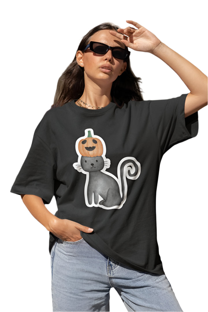 Women's Pumpkin Cat T-shirt Black by ZealforTee