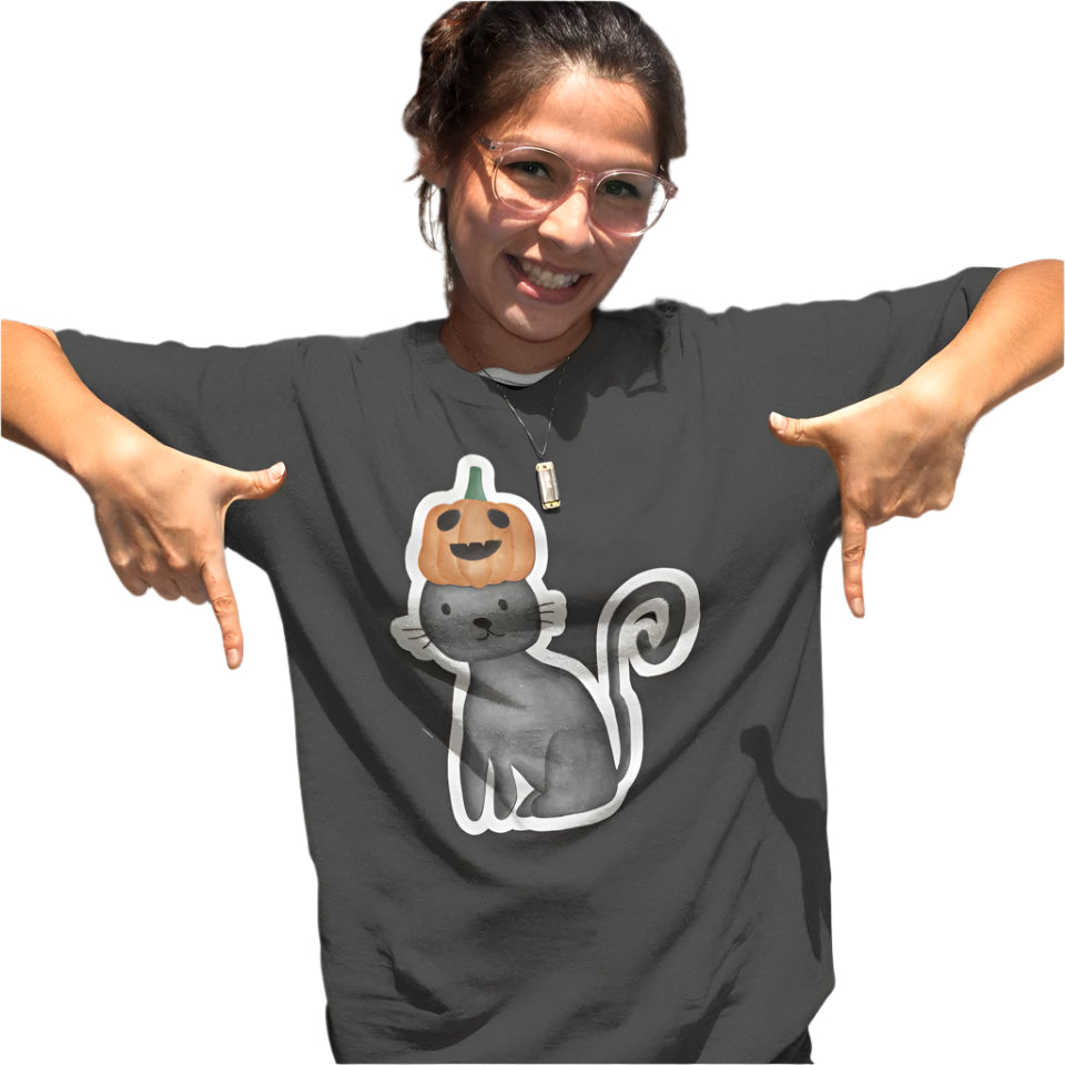 Women's Pumpkin Cat T-shirt Black by ZealforTee