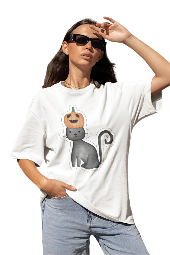 Women's Pumpkin Cat T-shirt Black by ZealforTee