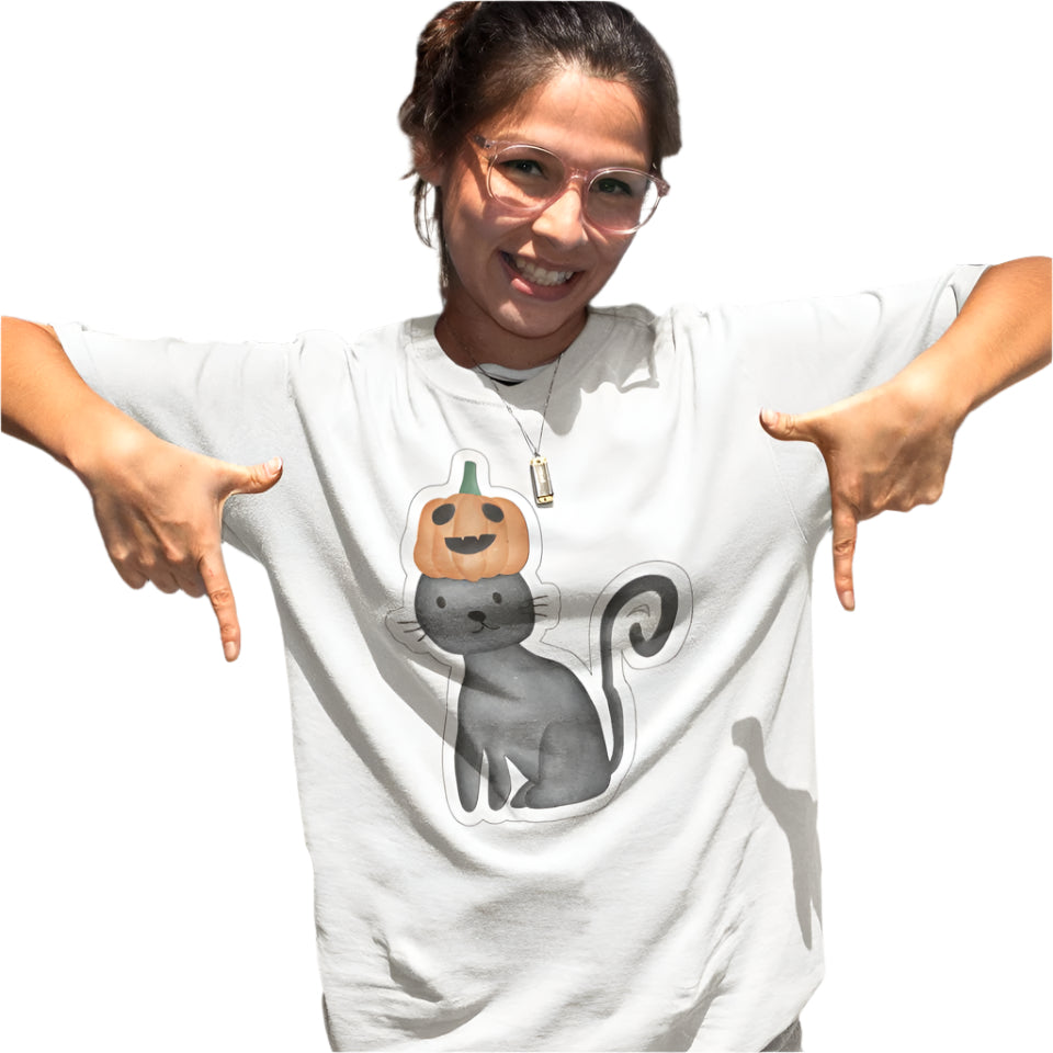 Women's Pumpkin Cat T-shirt Black by ZealforTee