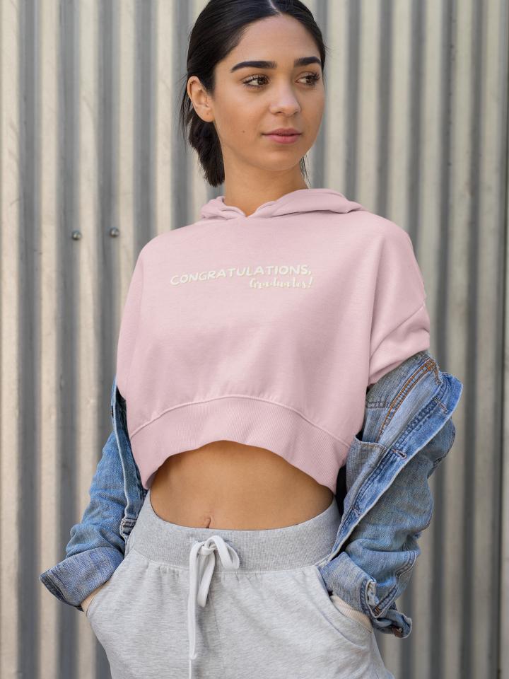 Women's Congratulation Crop Hoodie Sweatshirt Light Baby Pink by ZealforTee