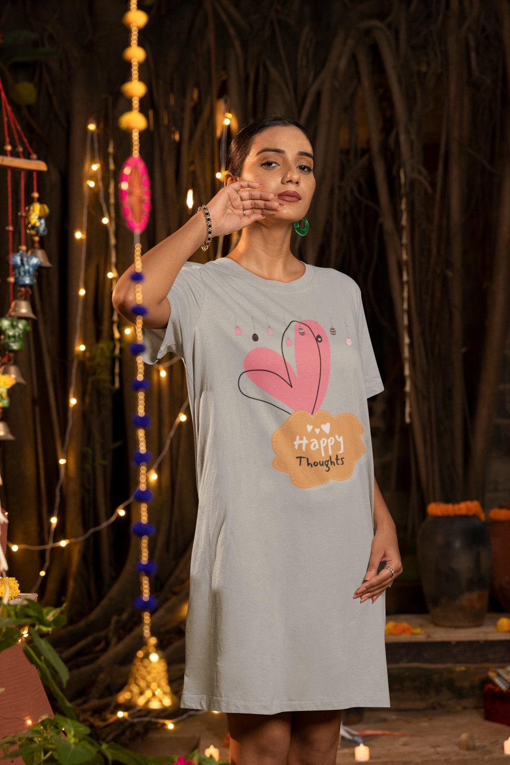 Women's Happy Thoughts T-shirt Dress Grey Melange by ZealforTee