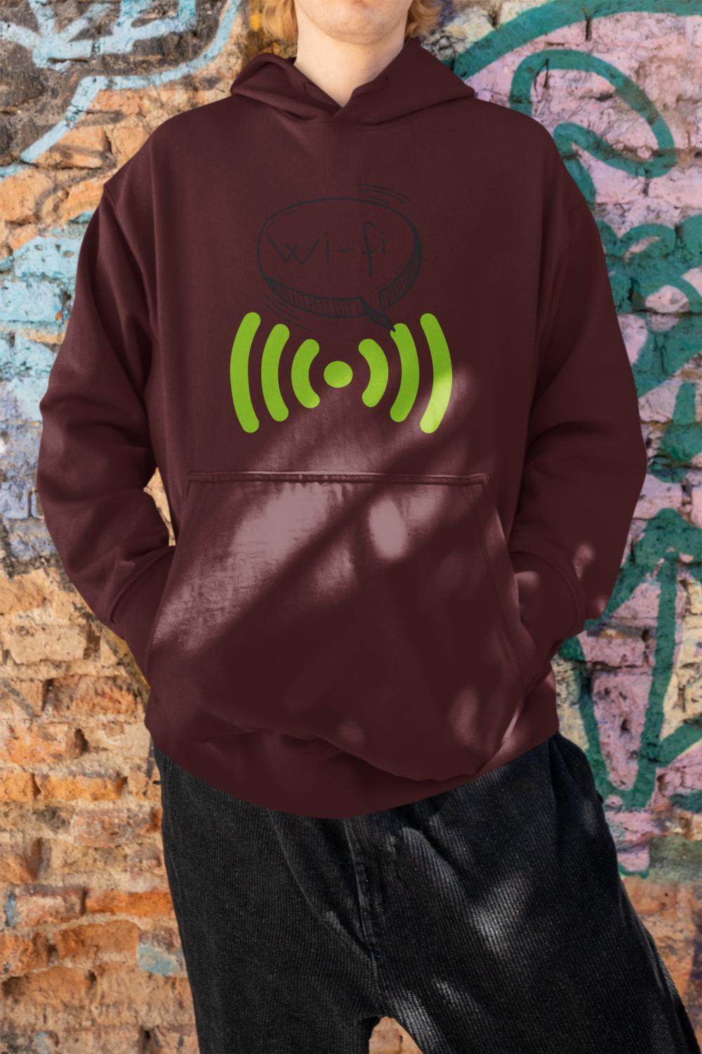 Men's Doodle Wifi Oversized Hooded Sweatshirt Maroon by ZealforTee