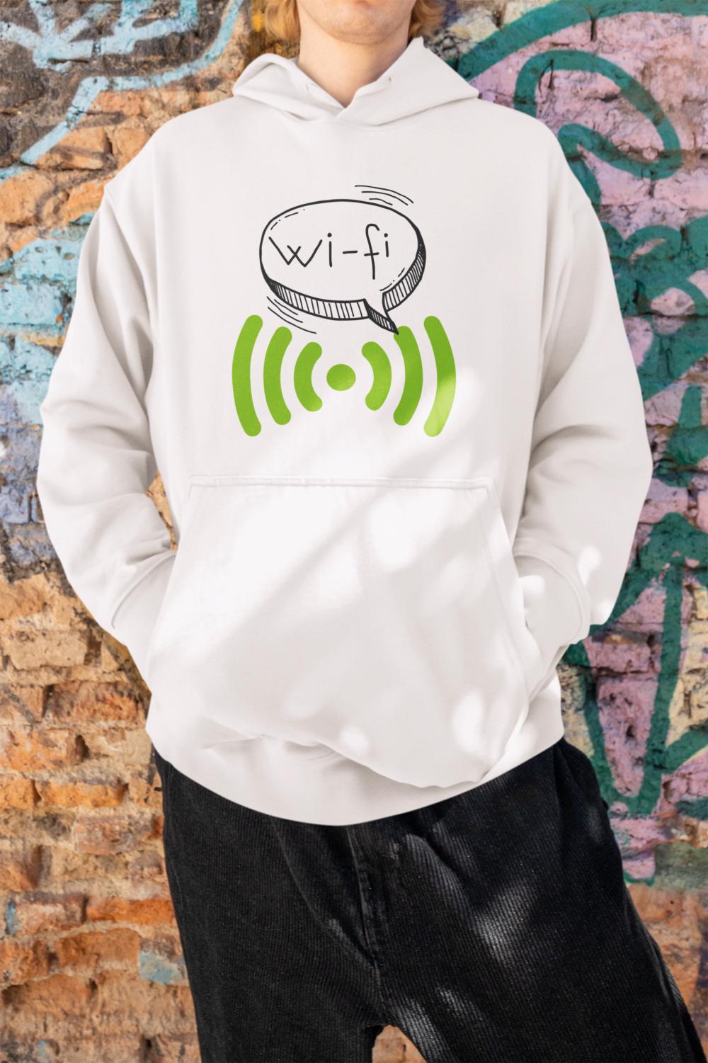 Men's Doodle Wifi Oversized Hooded Sweatshirt Bottle Green by ZealforTee