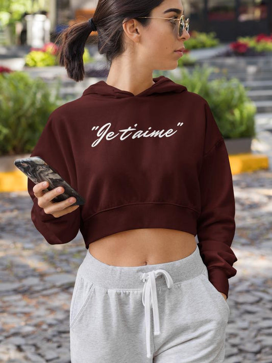 Women's Jet'aime Crop Top Hoodie Sweatshirt Maroon by ZealforTee