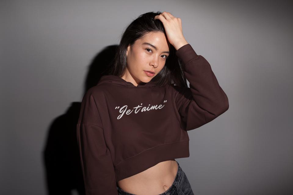 Women's Jet'aime Crop Top Hoodie Sweatshirt Maroon by ZealforTee