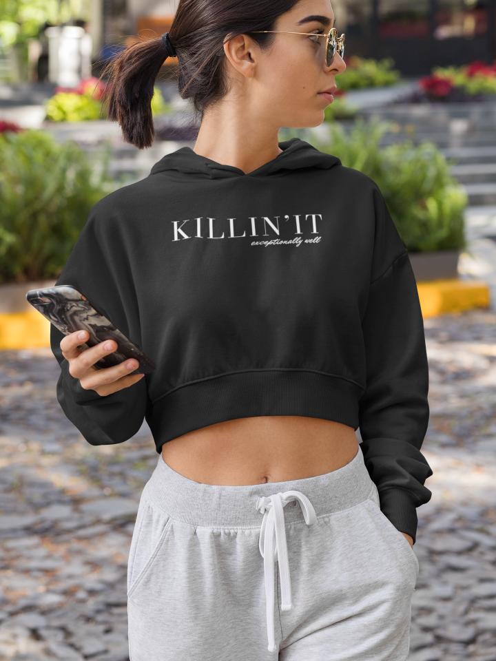 Women's Killin'it Crop Hoodie Sweatshirt Black by ZealforTee