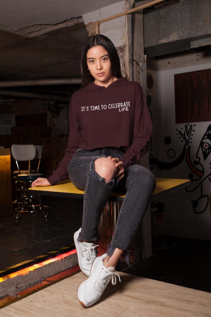 Women's Time to Celebrate Crop Hoodie Sweatshirt Maroon by ZealforTee