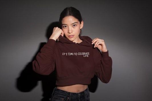 Women's Time to Celebrate Crop Hoodie Sweatshirt Maroon by ZealforTee