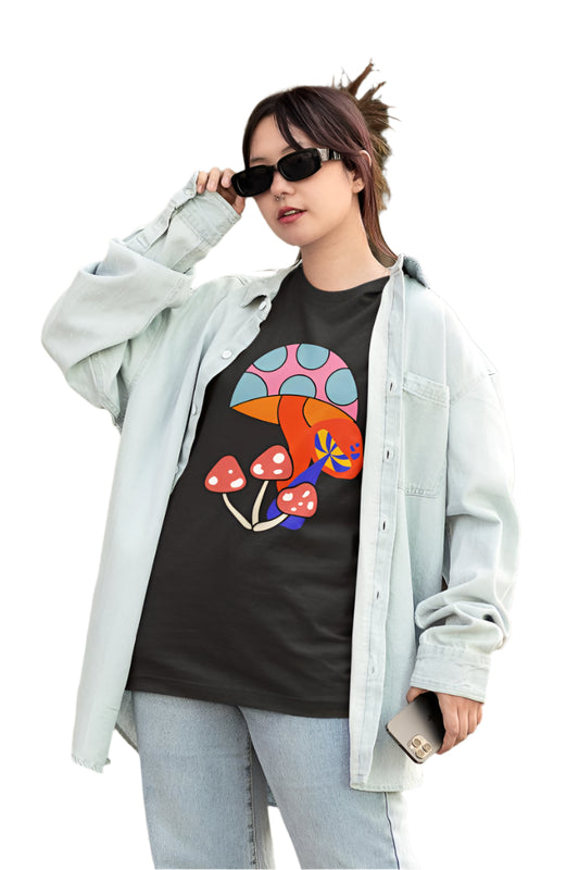 Women's Vibrant Mushroom Oversized T shirt White by ZealforTee