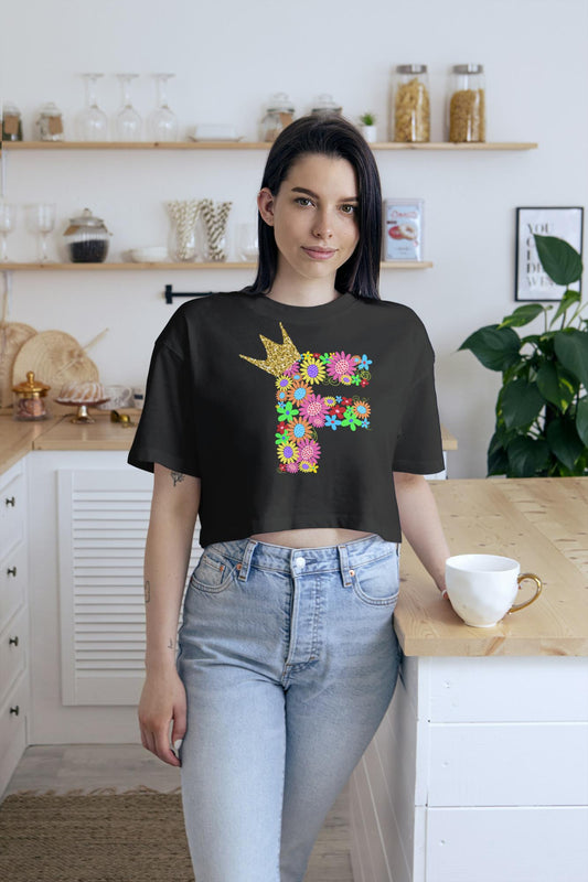 Women's Floral Alphabet F Crop Top Black by ZealforTee