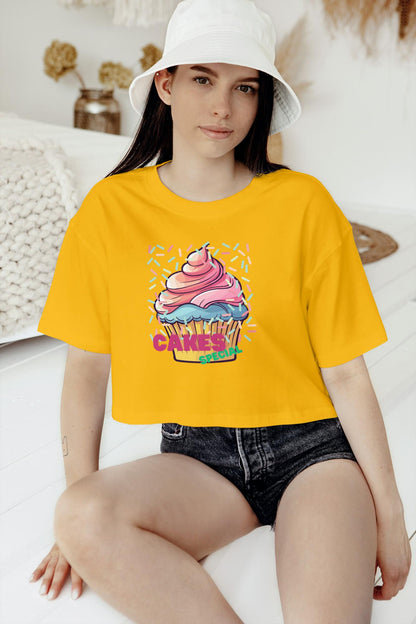 Women's Round Neck Cake Special Crop Top Golden Yellow by ZealforTee