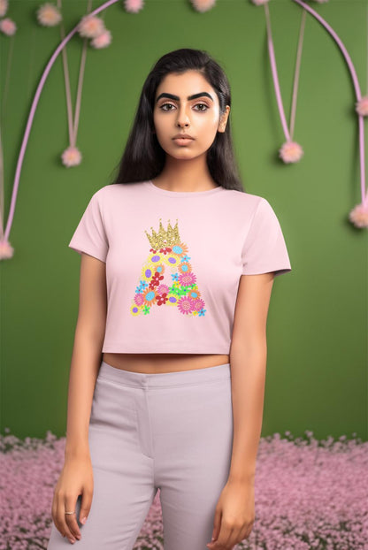 Women's Floral Alphabet A Crop Top Black by ZealforTee