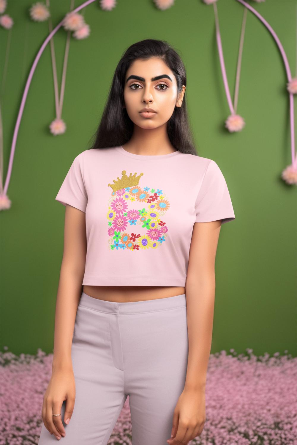 Women's Floral Alphabet B Crop Top Black by ZealforTee