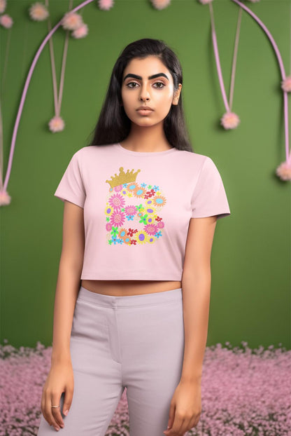 Women's Floral Alphabet B Crop Top Black by ZealforTee