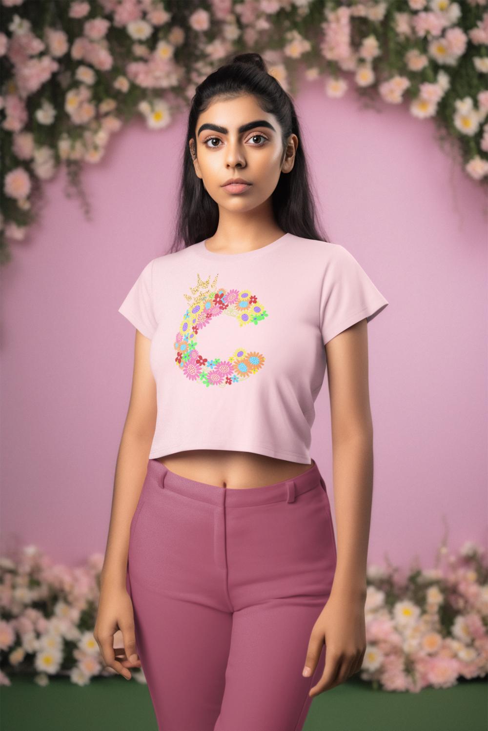 Women's Floral Alphabet C Crop Top Light Baby Pink by ZealforTee