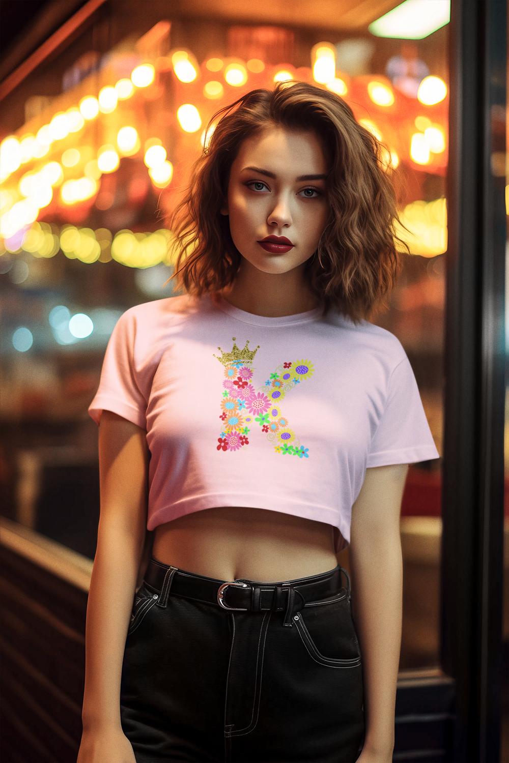 Women's Floral Alphabet K Crop Top Light Baby Pink by ZealforTee