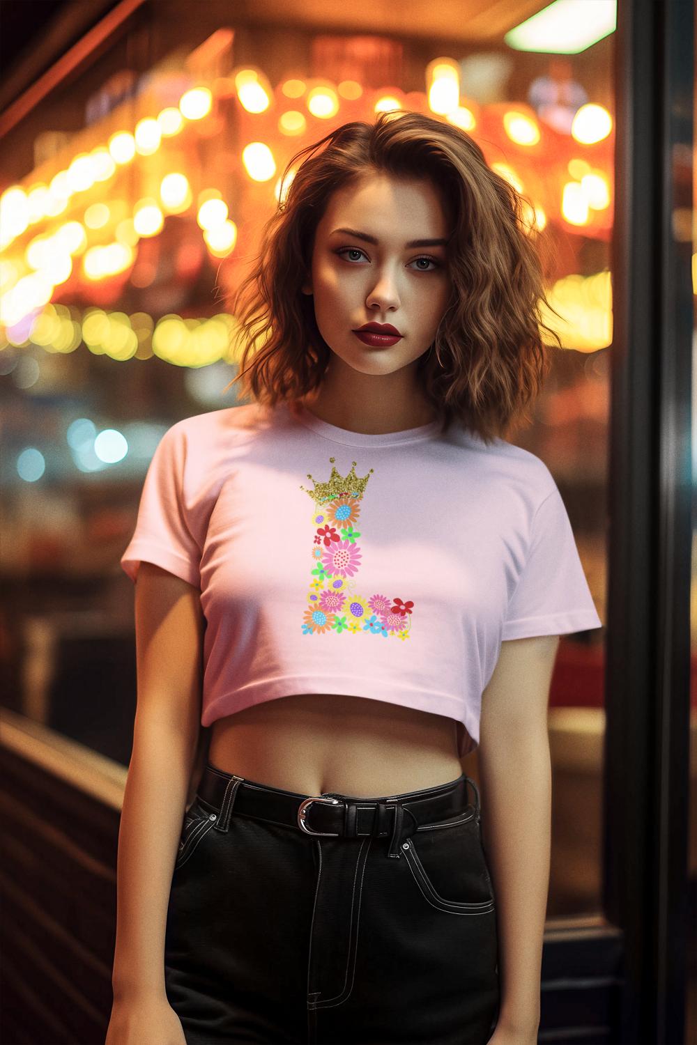 Women's Floral Alphabet L Crop Top Black by ZealforTee