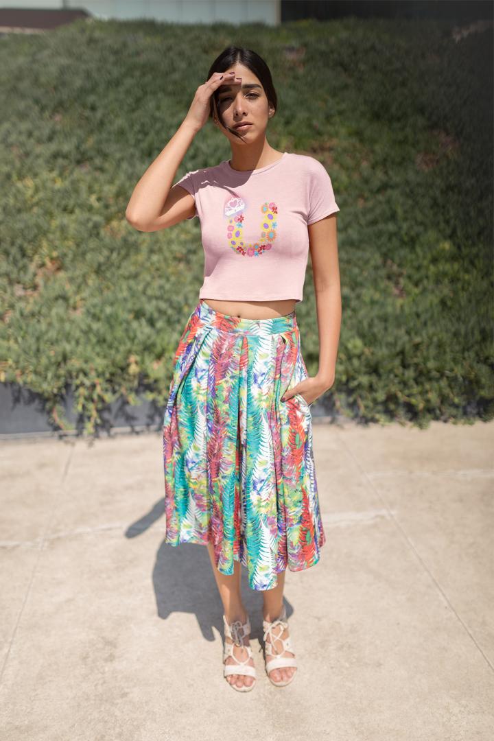 Women's Floral Alphabet U Crop Top Black by ZealforTee