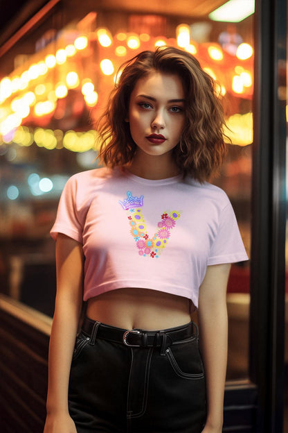 Women's Floral Alphabet V Crop Top Light Baby Pink by ZealforTee