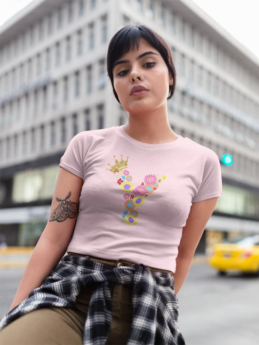 Women's Floral Alphabet Y Crop Top Light Baby Pink by ZealforTee