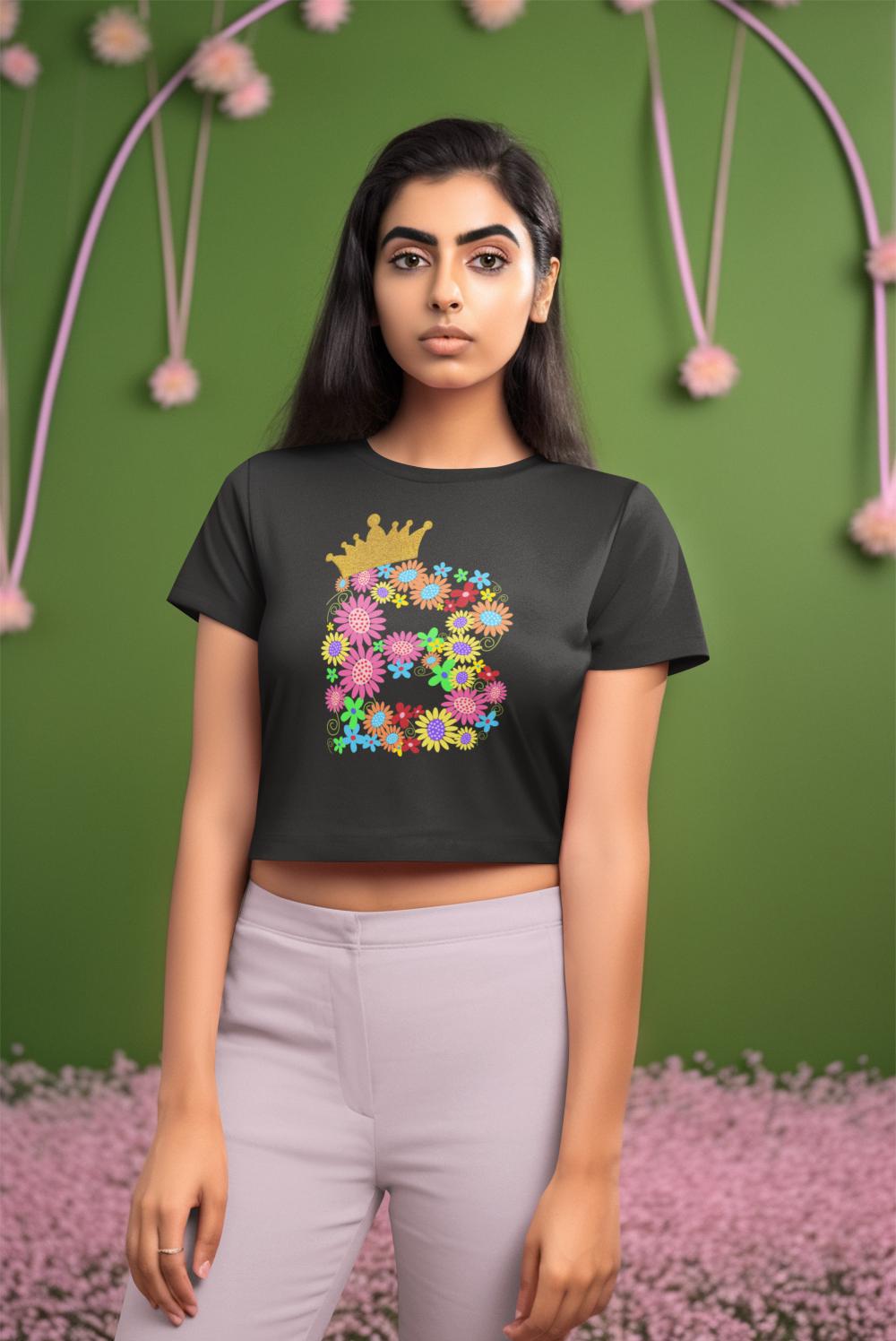 Women's Floral Alphabet B Crop Top Black by ZealforTee