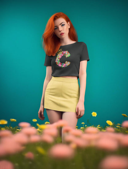 Women's Floral Alphabet C Crop Top Light Baby Pink by ZealforTee