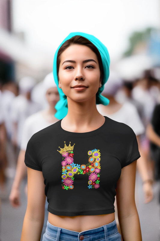 Women's Floral Alphabet H Crop Top Black by ZealforTee