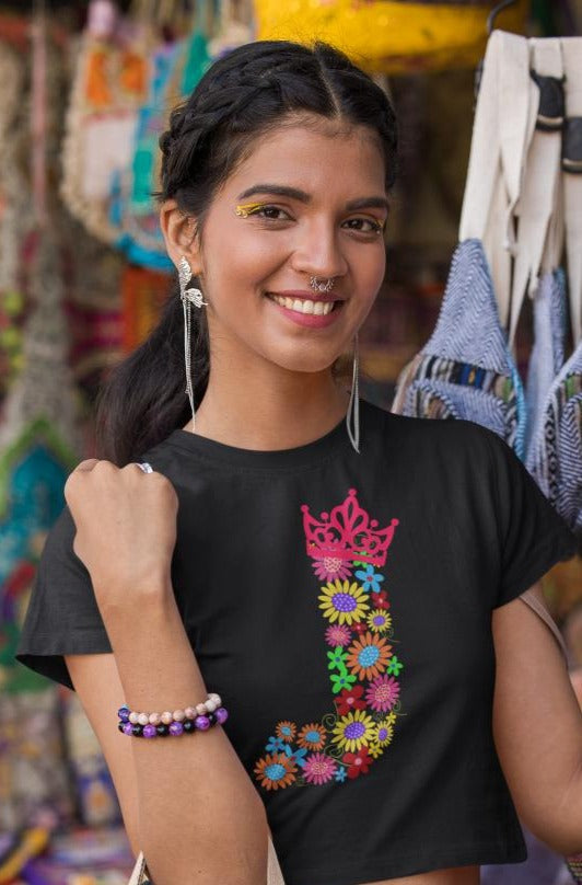 Women's Floral Alphabet J Crop Top Black by ZealforTee