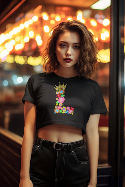 Women's Floral Alphabet L Crop Top Black by ZealforTee
