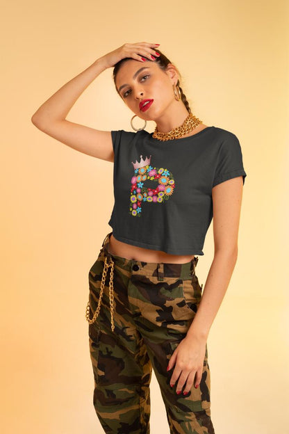 Women's Floral Alphabet P Crop Top Light Baby Pink by ZealforTee