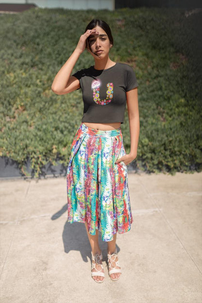 Women's Floral Alphabet U Crop Top Black by ZealforTee