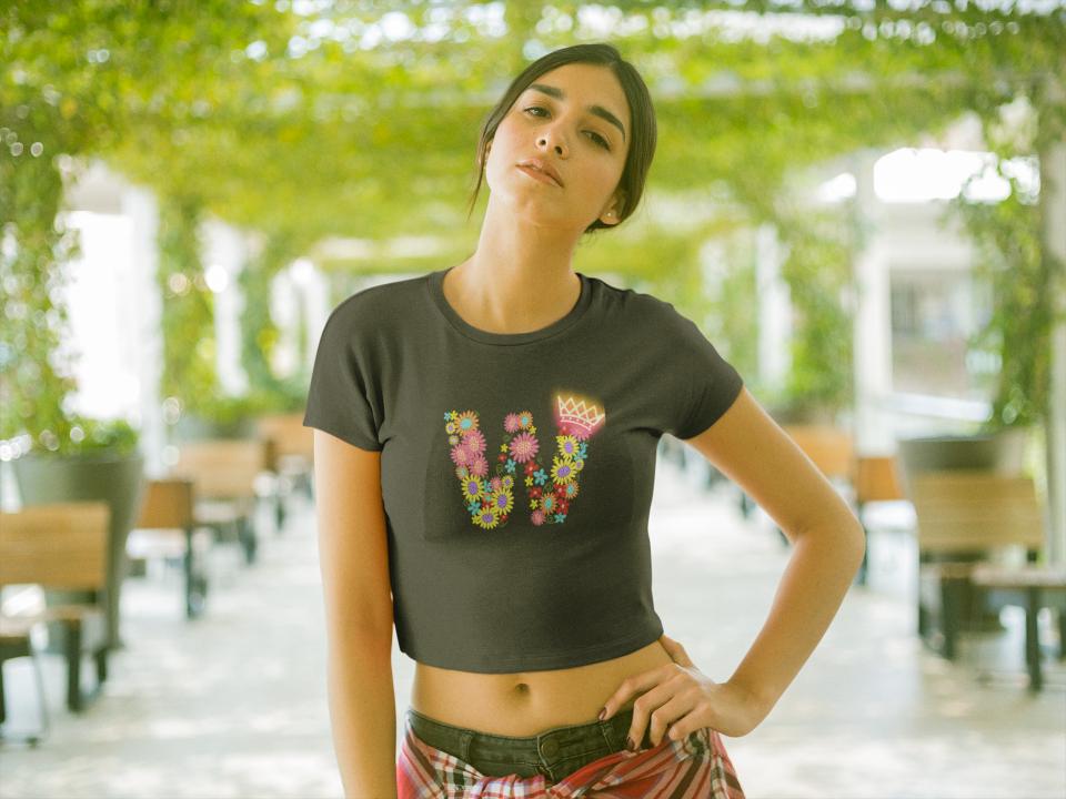 Women's Floral Alphabet W Crop Top Black by ZealforTee