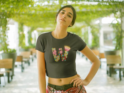 Women's Floral Alphabet W Crop Top Black by ZealforTee