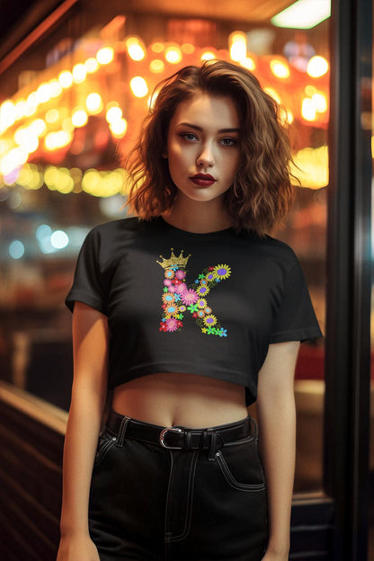 Women's Floral Alphabet K Crop Top Light Baby Pink by ZealforTee