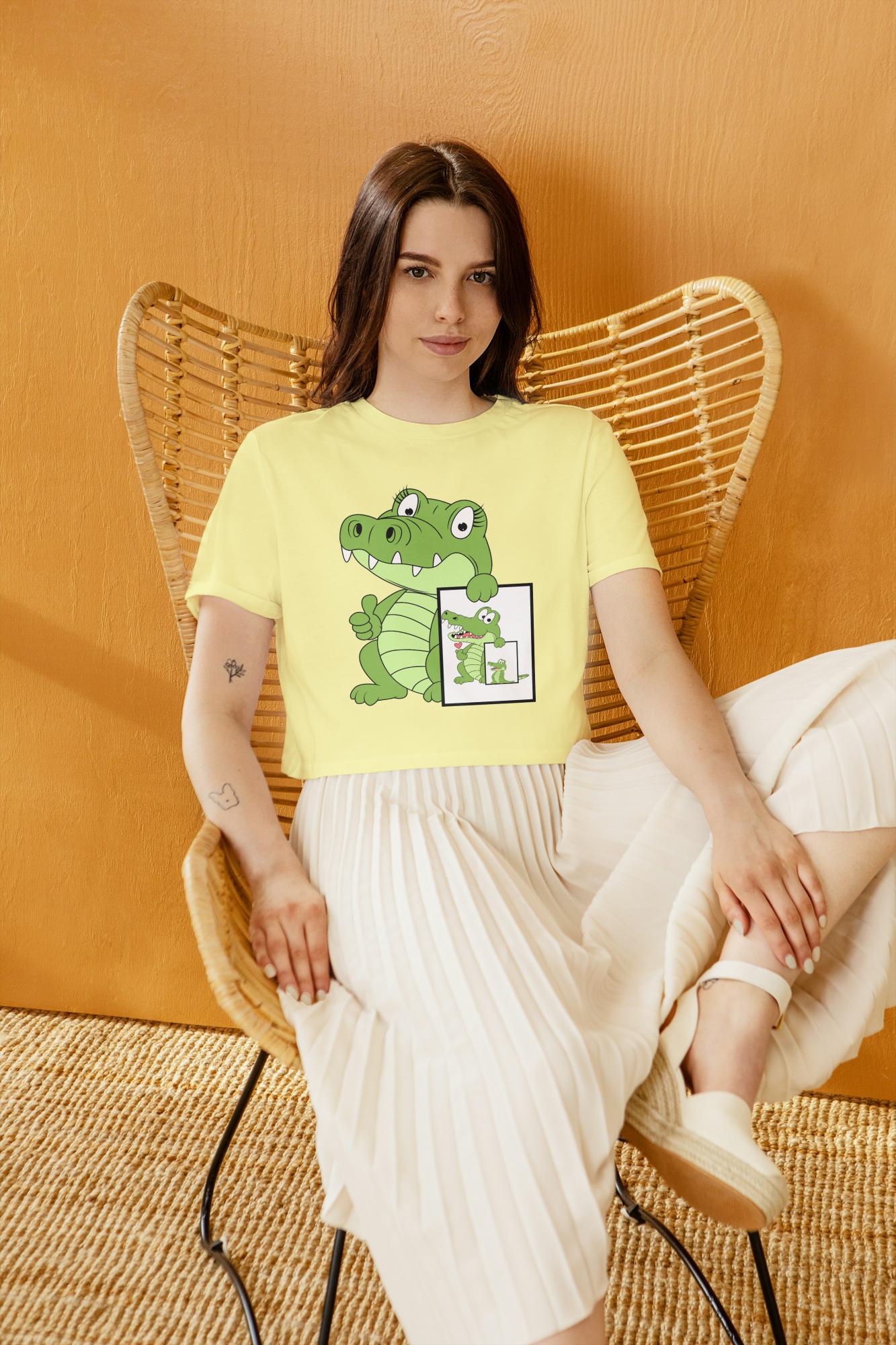 Women's Round Neck Cute Croco Crop Top White by ZealforTee