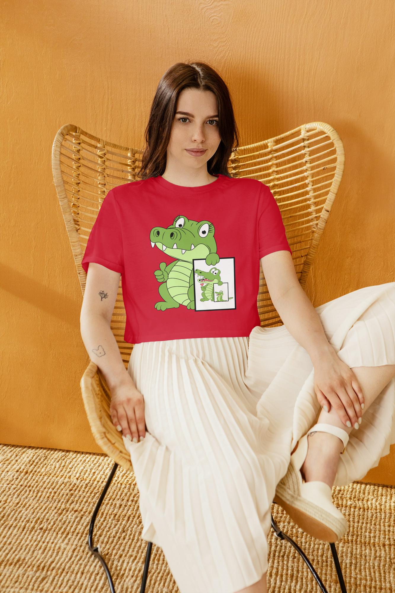 Women's Round Neck Cute Croco Crop Top White by ZealforTee